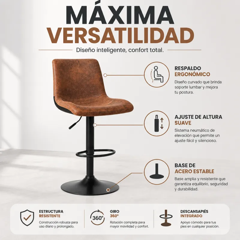 Taburete de Bar Industrial Ergonómico con Altura Ajustable y Base de Acero