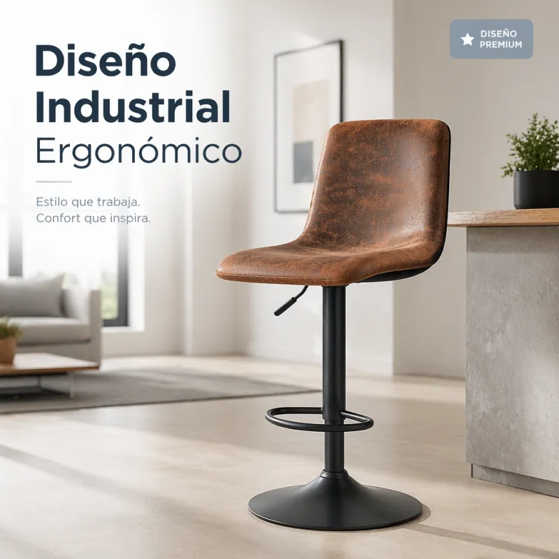 Taburete de Bar Industrial Ergonómico con Altura Ajustable y Base de Acero