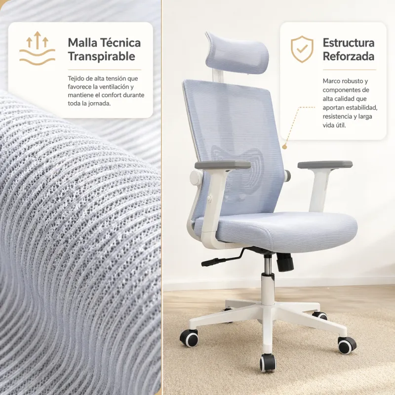 Silla de Escritorio Ergonómica con Respaldo de Malla y Cabecero Ajustable