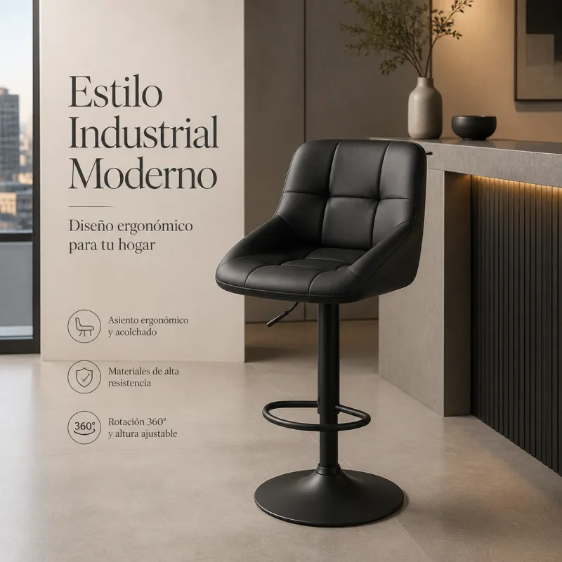 Taburete de Bar Ergonómico Ajustable en Piel Sintética Premium
