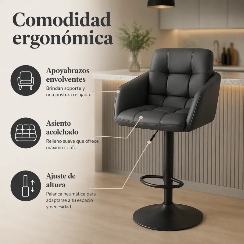 Taburete de Bar Ergonómico Ajustable en Piel Sintética Premium
