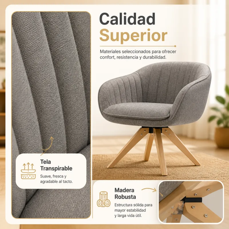 Silla de Escritorio Giratoria Nórdica de Madera Maciza y Tejido Premium