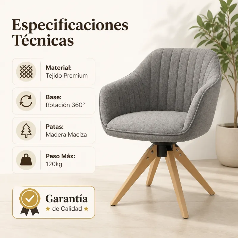 Silla de Escritorio Giratoria Nórdica de Madera Maciza y Tejido Premium