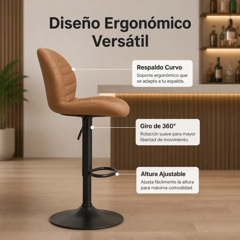 Taburete de Bar Ergonómico Giratorio con Respaldo y Altura Ajustable