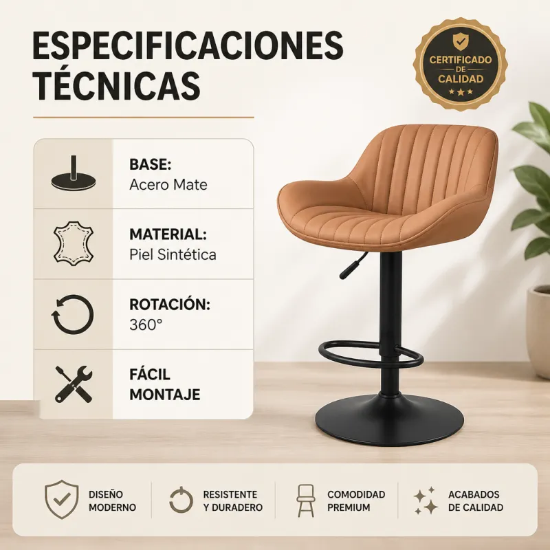Taburete de Bar Ergonómico Giratorio con Respaldo y Altura Ajustable