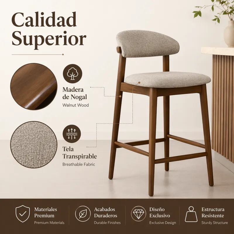 Taburete de Bar Ergonómico en Madera de Nogal y Lino Gris Premium