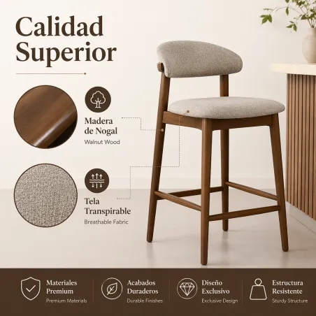 Taburete de Bar Ergonómico en Madera de Nogal y Lino Gris Premium