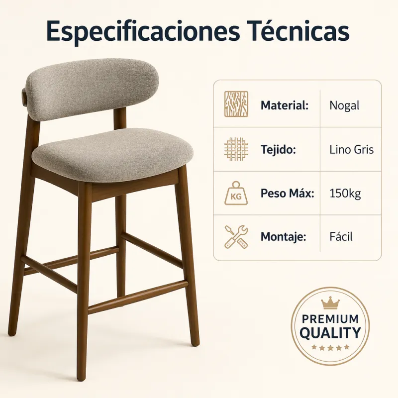 Taburete de Bar Ergonómico en Madera de Nogal y Lino Gris Premium