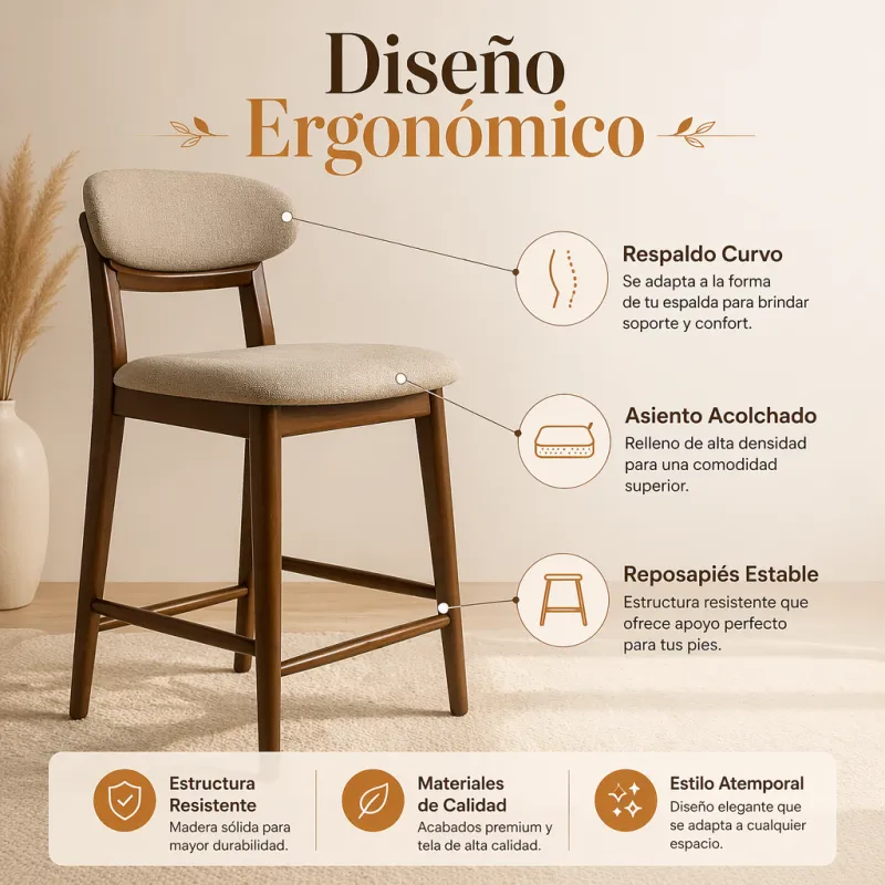 Taburete de Bar Ergonómico en Madera de Nogal y Lino Gris Premium