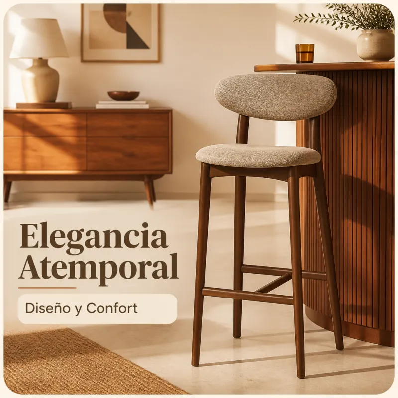 Taburete de Bar Ergonómico en Madera de Nogal y Lino Gris Premium