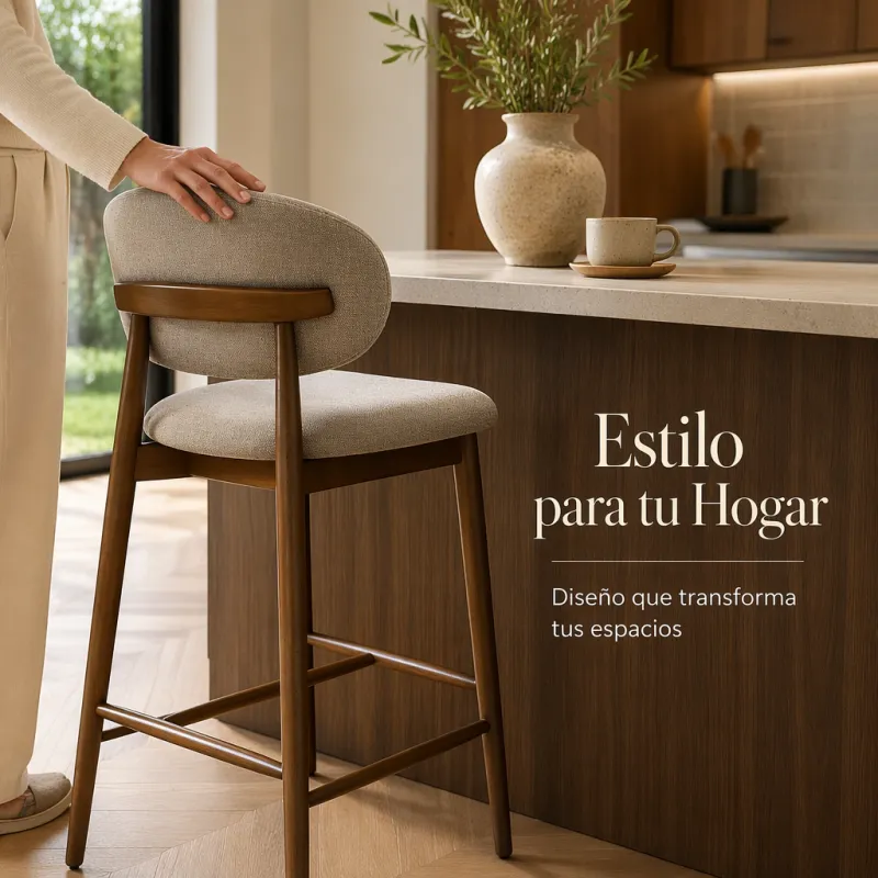 Taburete de Bar Ergonómico en Madera de Nogal y Lino Gris Premium