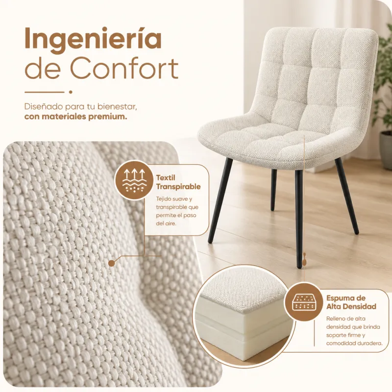 Silla Tapizada de Comedor y Oficina Ergonómica con Base de Metal Reforzado
