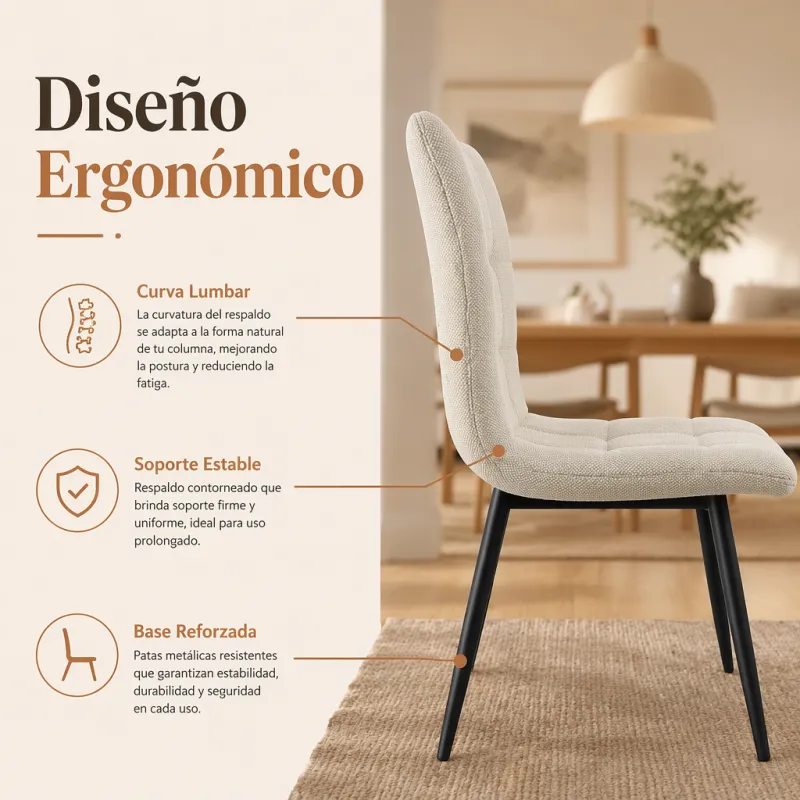 Silla Tapizada de Comedor y Oficina Ergonómica con Base de Metal Reforzado