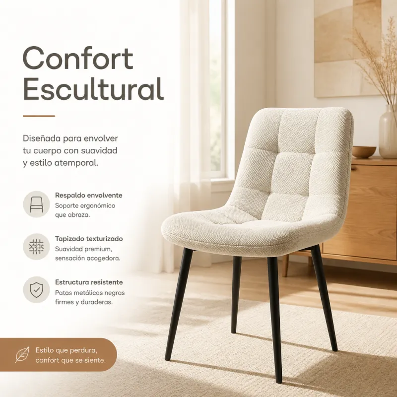 Silla Tapizada de Comedor y Oficina Ergonómica con Base de Metal Reforzado
