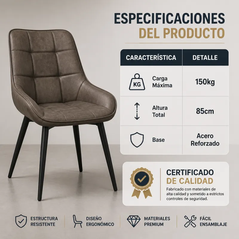 Silla de Comedor Ergonómica de Cuero Sintético Premium con Patas de Acero Reforzado