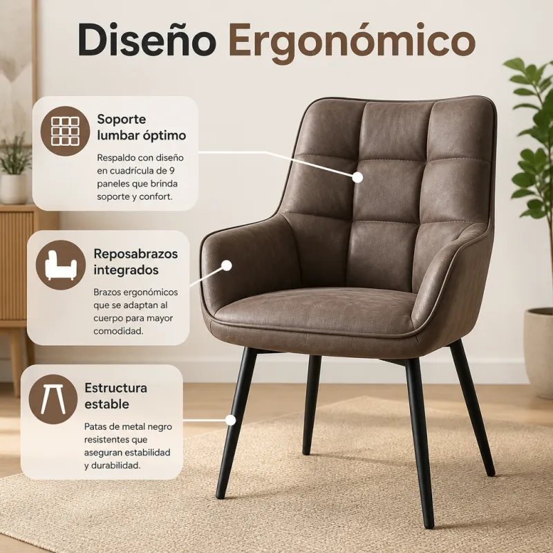 Silla de Comedor Ergonómica de Cuero Sintético Premium con Patas de Acero Reforzado