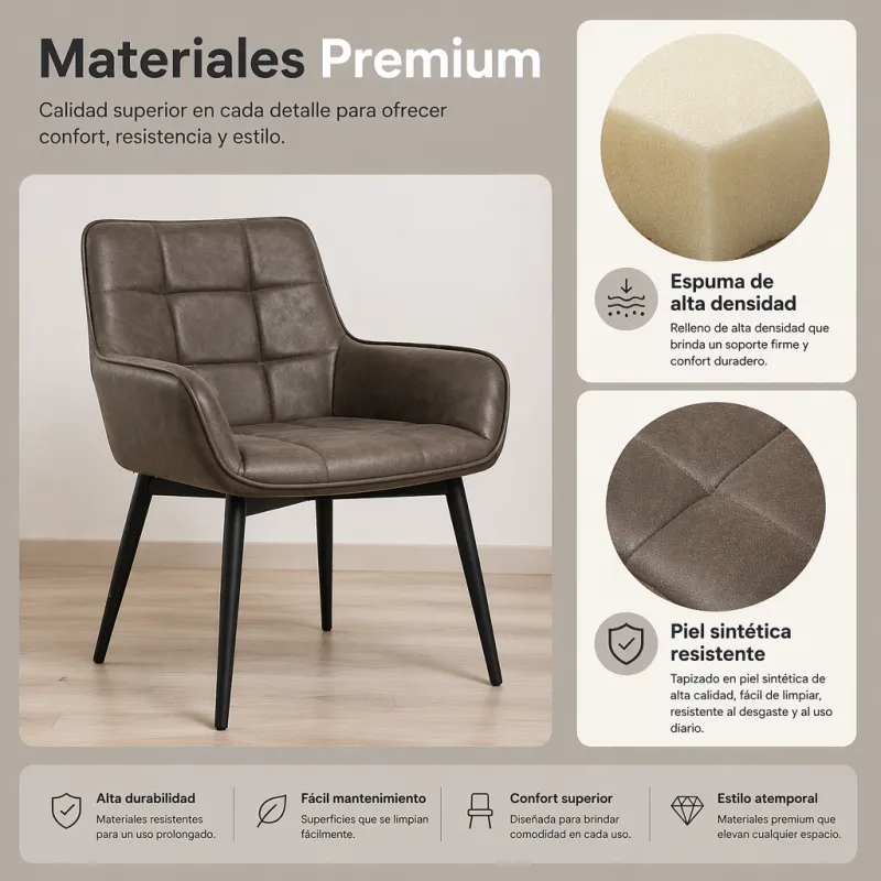 Silla de Comedor Ergonómica de Cuero Sintético Premium con Patas de Acero Reforzado