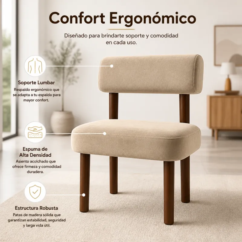 Silla de Diseño Nórdico Ergonómica de Madera Maciza y Terciopelo Suave