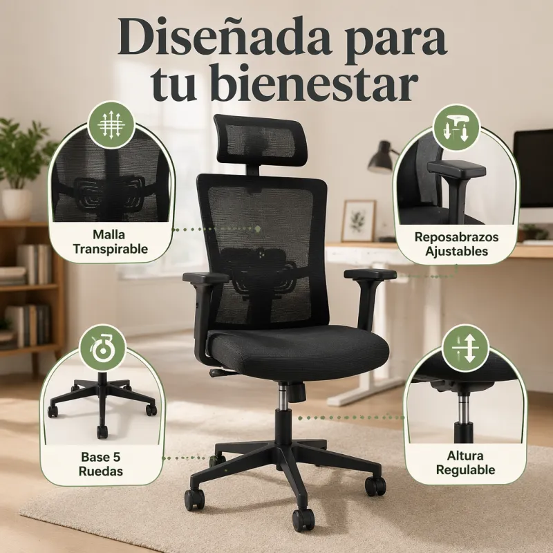 Silla de Escritorio Ergonómica con Respaldo de Malla y Cabecero Ajustable Negro