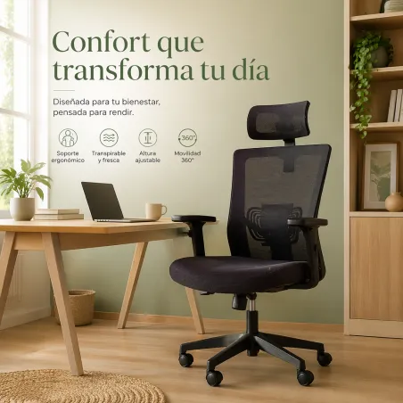 Silla de Escritorio Ergonómica con Respaldo de Malla y Cabecero Ajustable Negro