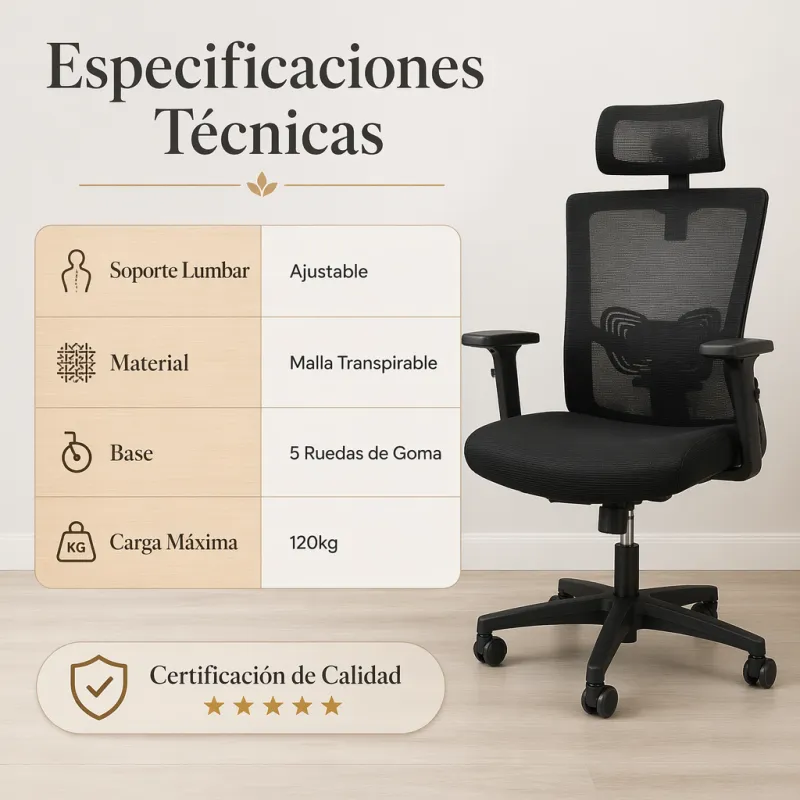 Silla de Escritorio Ergonómica con Respaldo de Malla y Cabecero Ajustable Negro