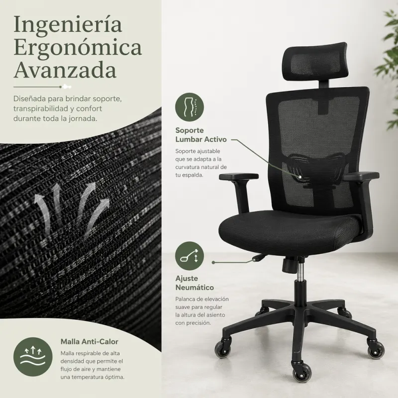 Silla de Escritorio Ergonómica con Respaldo de Malla y Cabecero Ajustable Negro