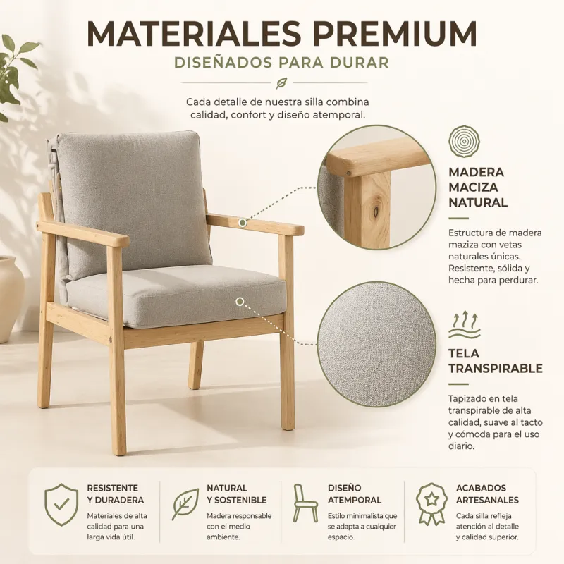 Silla de Madera Minimalista Ergonómica con Cojines de Lino Transpirable