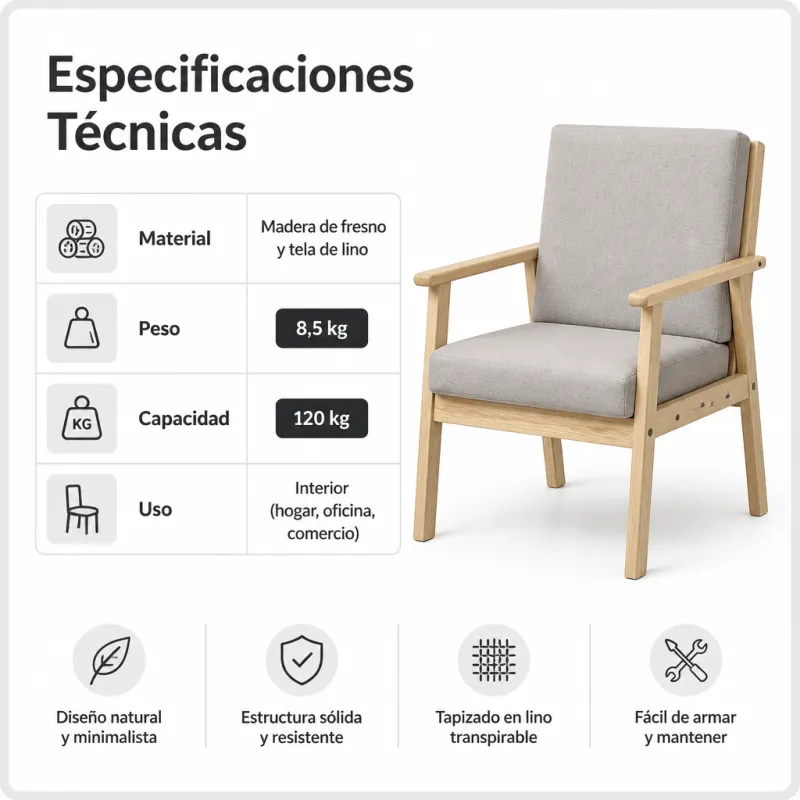 Silla de Madera Minimalista Ergonómica con Cojines de Lino Transpirable