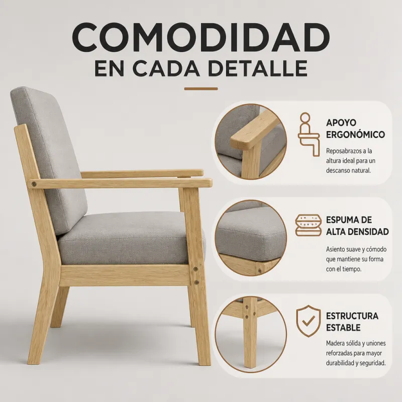 Silla de Madera Minimalista Ergonómica con Cojines de Lino Transpirable