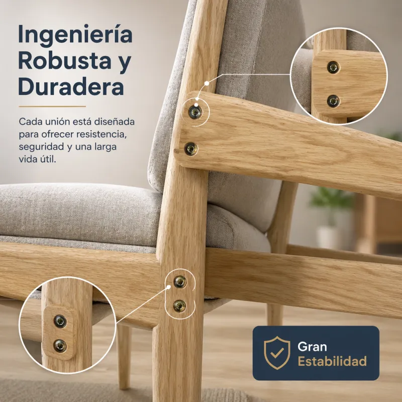 Silla de Madera Minimalista Ergonómica con Cojines de Lino Transpirable