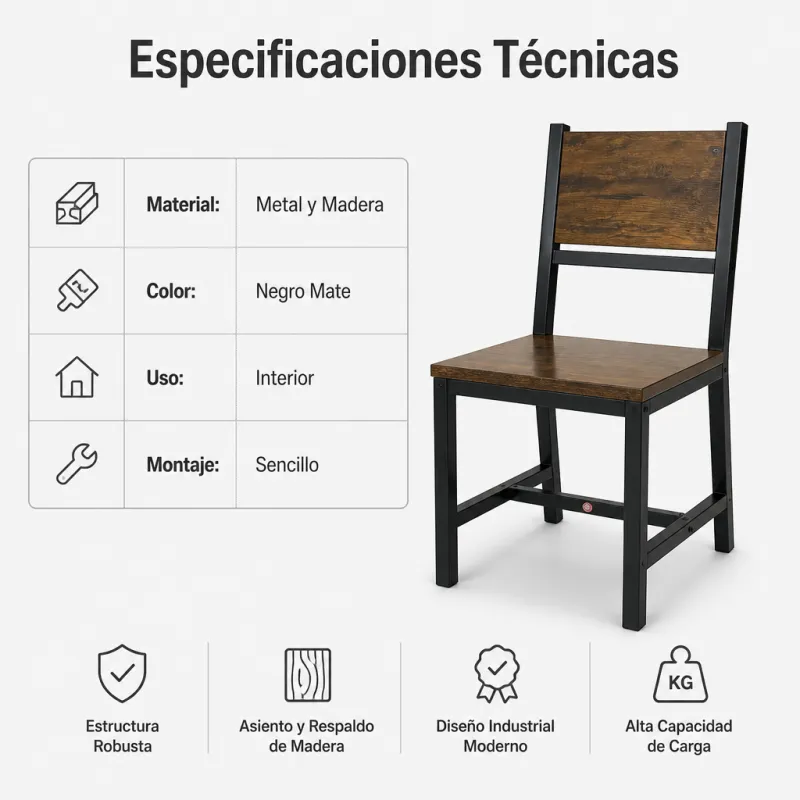 Silla de Comedor Industrial de Metal y Madera de Calidad