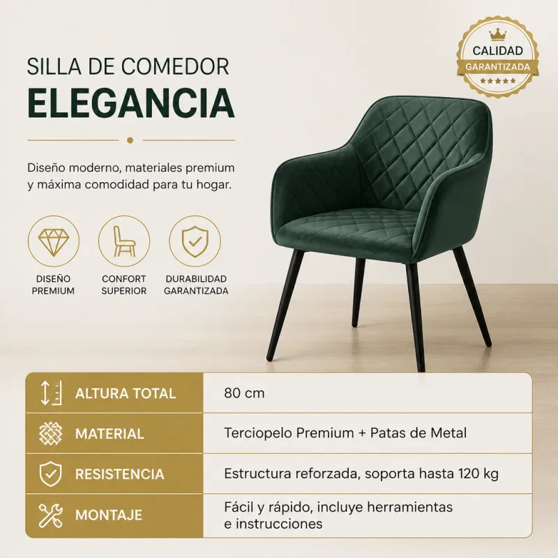 Silla de Comedor Elegancia con Respaldo Ergonómico y Patas de Metal