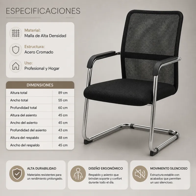 Silla de Oficina Ergonómica con Malla Transpirable y Estructura Cromada