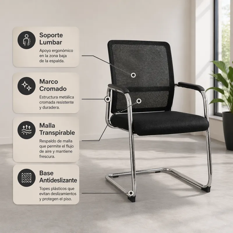 Silla de Oficina Ergonómica con Malla Transpirable y Estructura Cromada