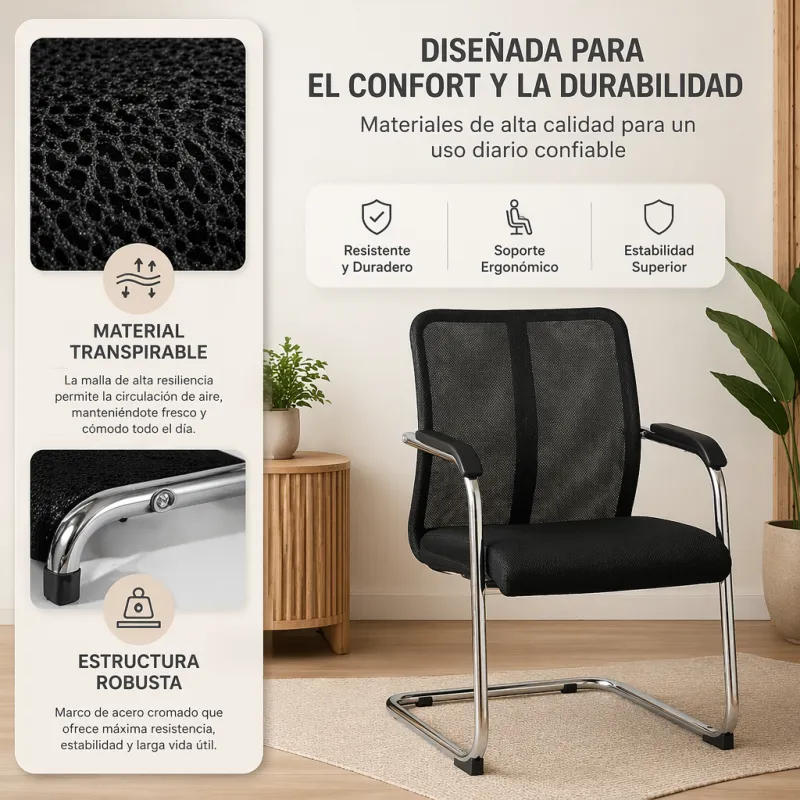 Silla de Oficina Ergonómica con Malla Transpirable y Estructura Cromada