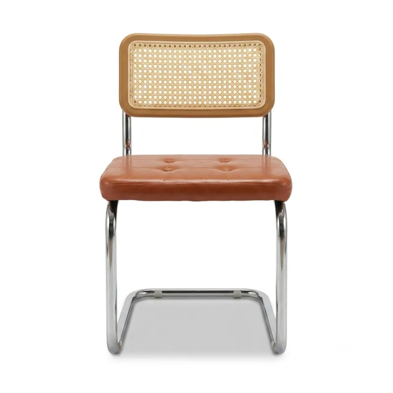Silla de Comedor Cantilever en Cuero y Ratán de Diseño Mid-Century