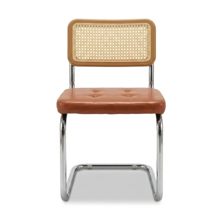 Silla de Comedor Cantilever en Cuero y Ratán de Diseño Mid-Century