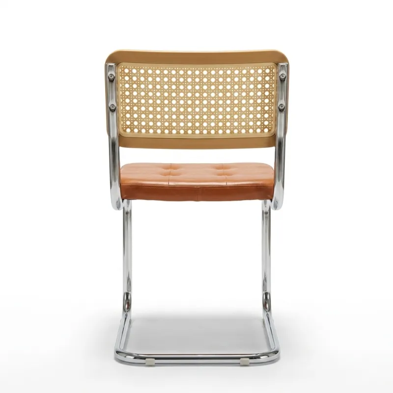 Silla de Comedor Cantilever en Cuero y Ratán de Diseño Mid-Century