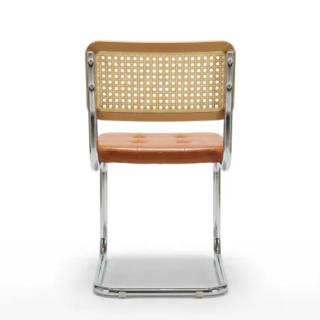 Silla de Comedor Cantilever en Cuero y Ratán de Diseño Mid-Century