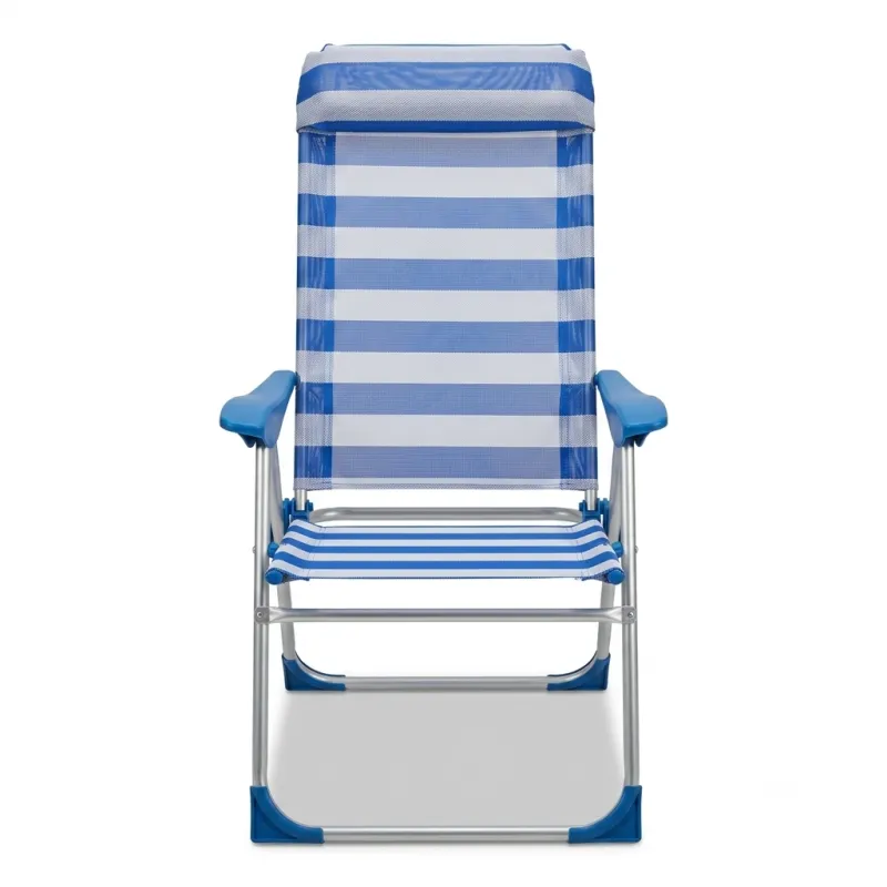 Silla de Playa y Jardín Plegable Reclinable con Almohada Integrada y Rayas Azules