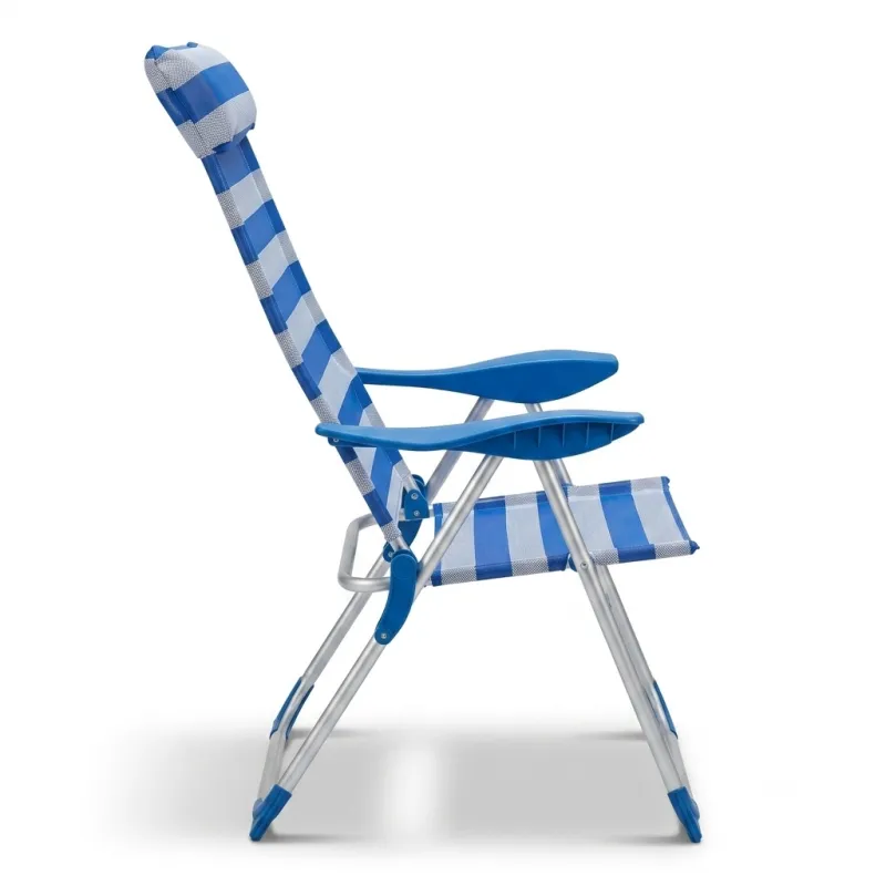 Silla de Playa y Jardín Plegable Reclinable con Almohada Integrada y Rayas Azules