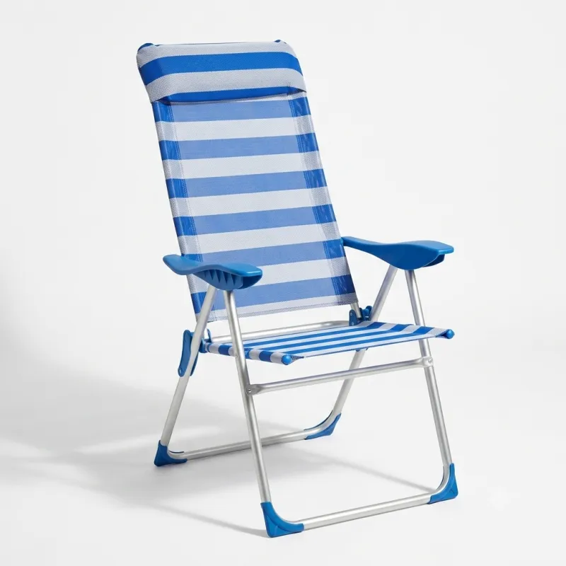 Silla de Playa y Jardín Plegable Reclinable con Almohada Integrada y Rayas Azules