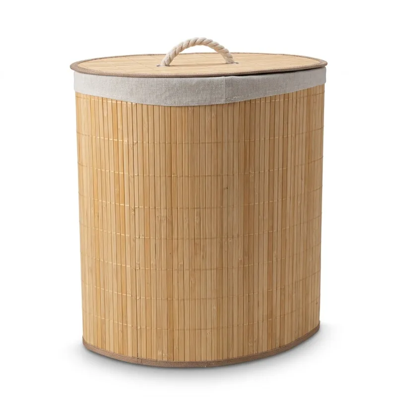 Cesto de Ropa Sucia Plegable de Bambú Esquinero con Tapa y Bolsa Extraíble 35x50cm