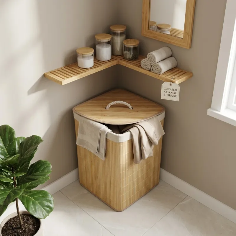Cesto de Ropa Sucia Plegable de Bambú Esquinero con Tapa y Bolsa Extraíble 35x50cm