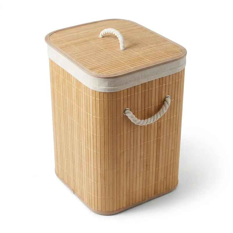 Cesto para Ropa Sucia Plegable de Bambú Natural con Tapa y Bolsa Extraíble 40x30x50cm
