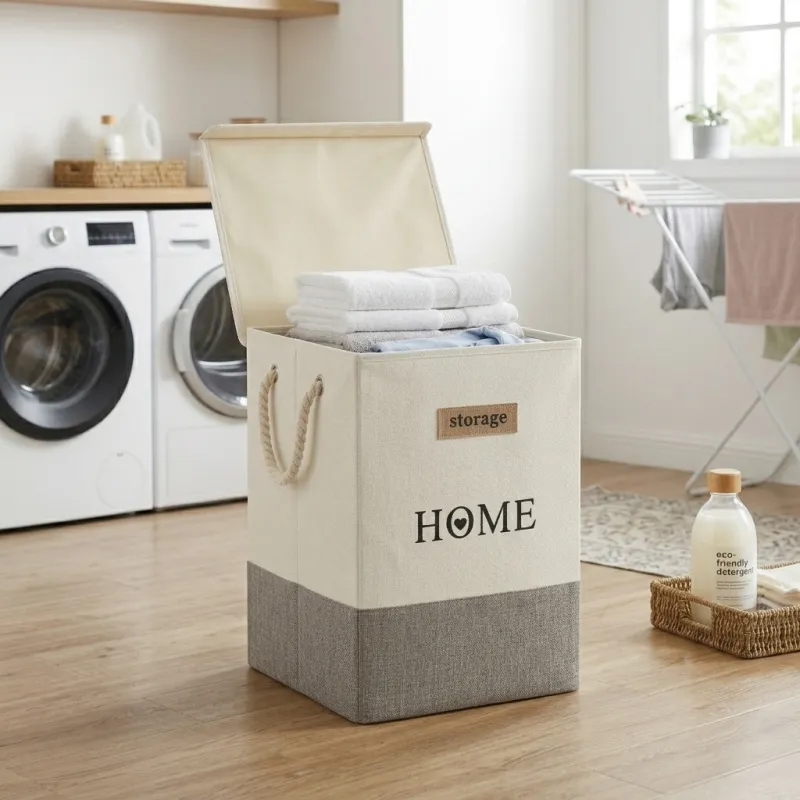 Cesta de Lavandería Plegable con Tapa y Asas de Cuerda HOME 58L