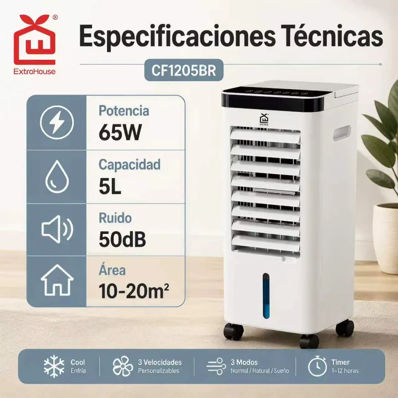 Climatizador Evaporativo Aire Acondicionado Portátil 65W con Mando y Panel Táctil ExtraHouse CF1205BR