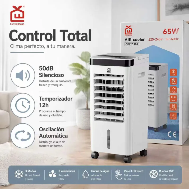 Climatizador Evaporativo Aire Acondicionado Portátil 65W con Mando y Panel Táctil ExtraHouse CF1205BR