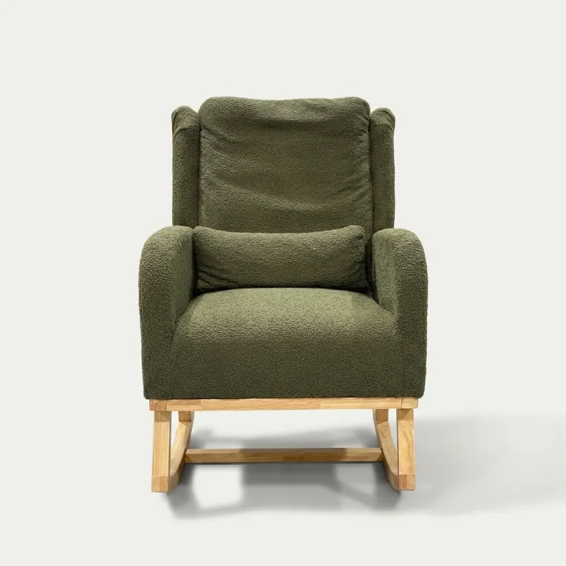 Silla Mecedora Ergonómica de Tejido Bouclé con Cojín Lumbar y Estructura de Madera