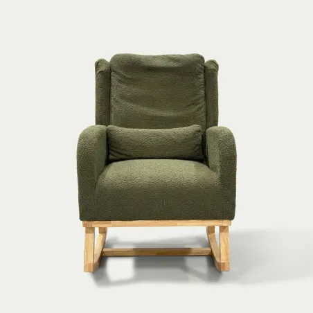 Silla Mecedora Ergonómica de Tejido Bouclé con Cojín Lumbar y Estructura de Madera